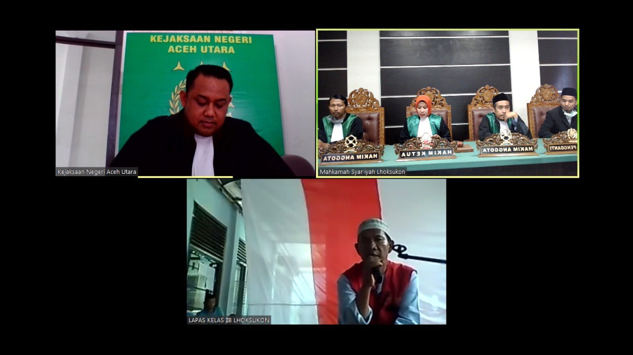 Mahkamah Syar’iyah Lhoksukon Menggelar Sidang Perdana Perkara Jinayat Melalui Media Teleconference