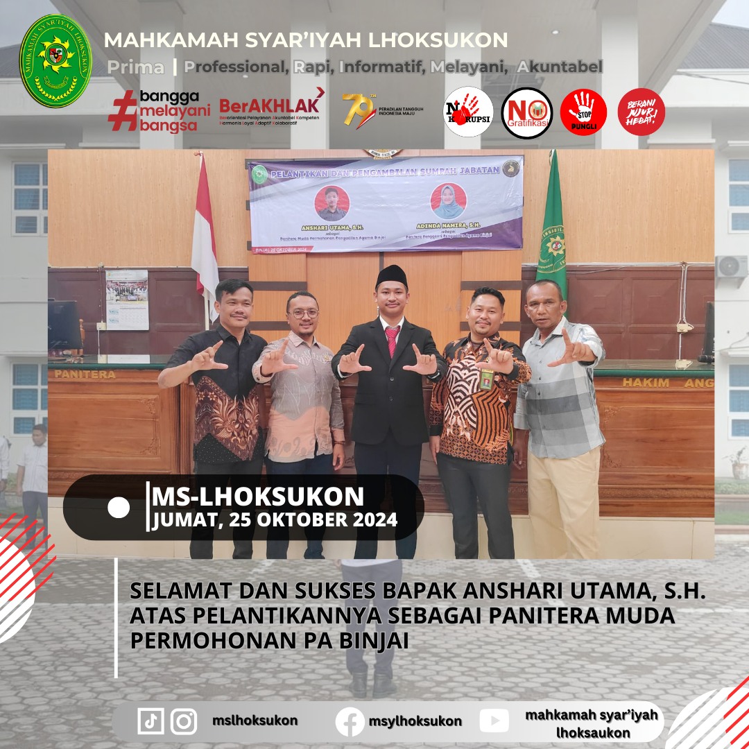 Selamat dan Sukses Bapak Anshari Utama, S.H. Atas Pelantikannya Sebagai Panitera Muda Permohonan PA Binjai